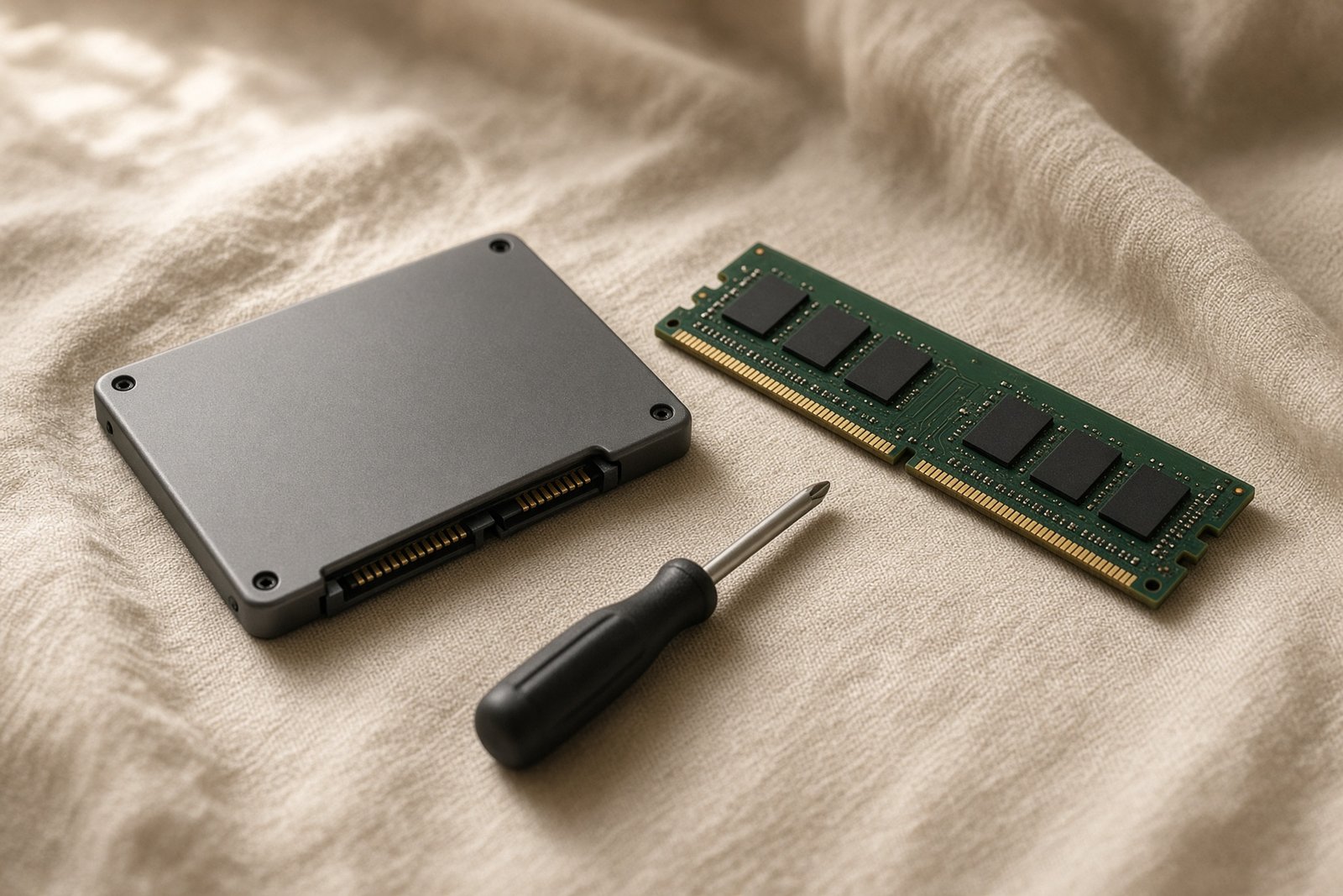 SSD, memory, and a precision driver laid out for an upgrade