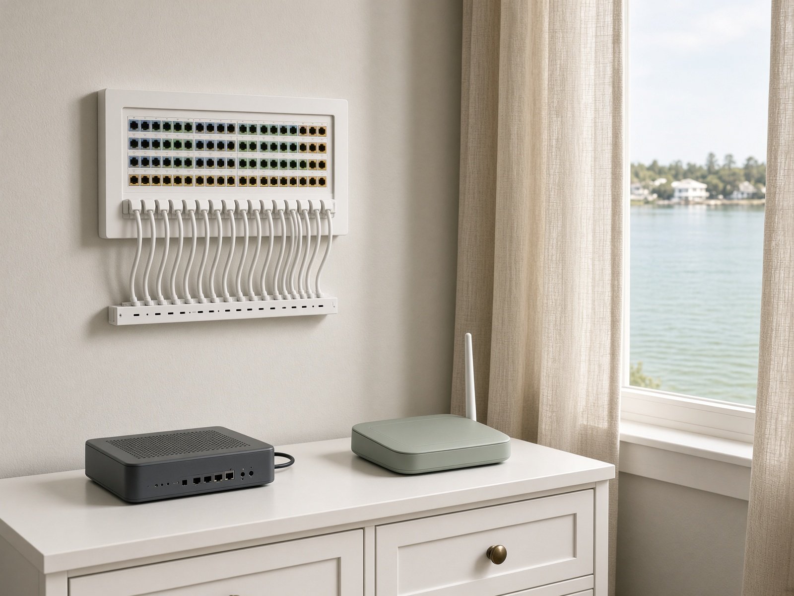 A tidy home network rack and mesh router